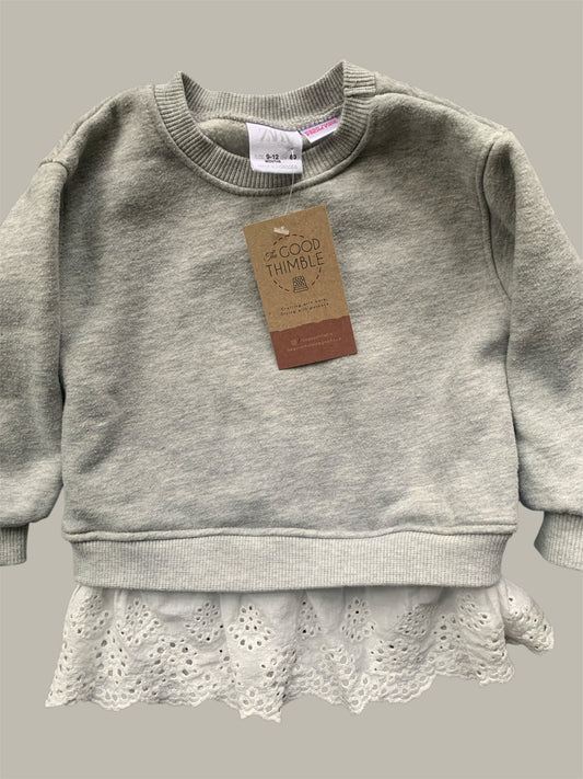 Grey Zara Sweater with White Lace Trim (9-12 m)