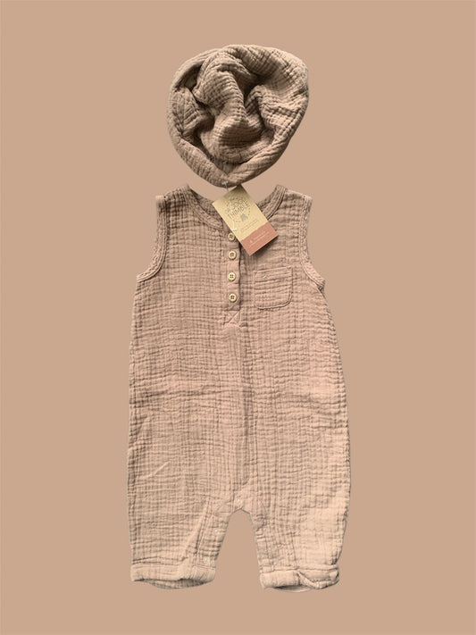 Brown George Gauze Romper/Jumpsuit w/Matching Hat (12-18m)