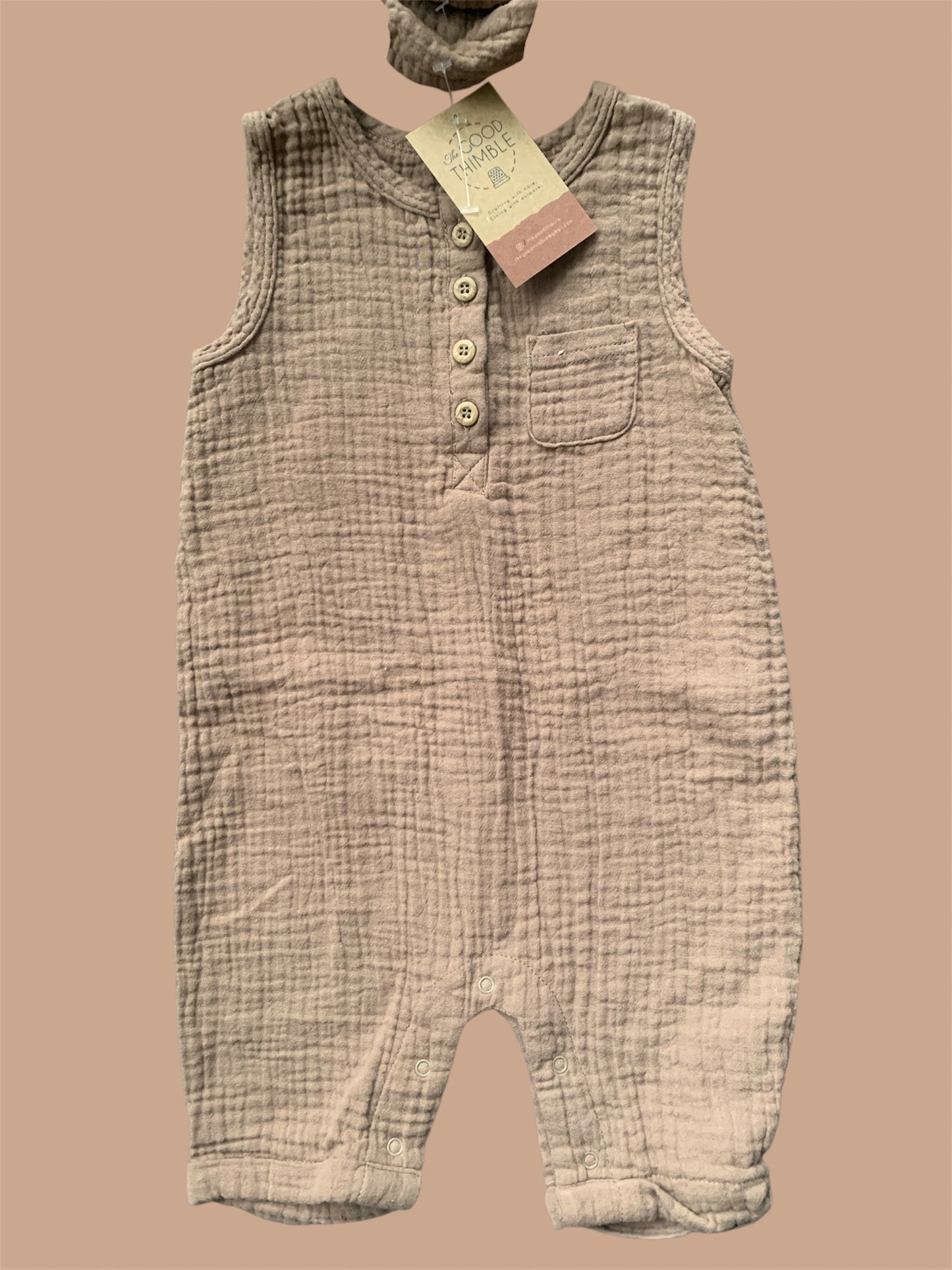 Brown George Gauze Romper/Jumpsuit w/Matching Hat (12-18m)