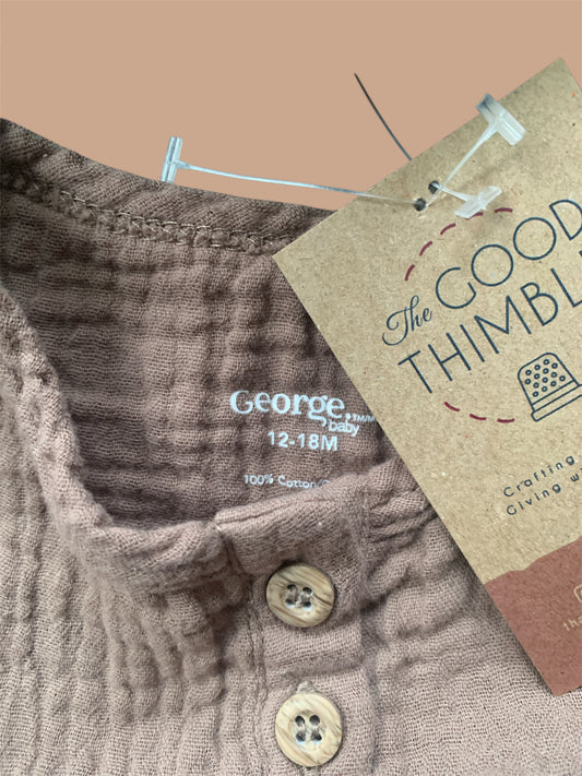 Brown George Gauze Romper/Jumpsuit w/Matching Hat (12-18m)